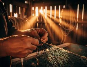 Ảnh cận cảnh đôi bàn tay dày dặn kinh nghiệm đang tỉ mỉ vá một tấm lưới đánh cá trong không gian ánh sáng huyền ảo của nhà thuyền, thể hiện sự chăm sóc và bảo quản ngư cụ.
