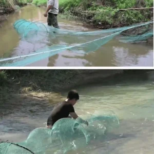 Hình ảnh người dùng đang đặt chiếc dớn chắn ngang một con suối nhỏ để bắt cá, tôm.