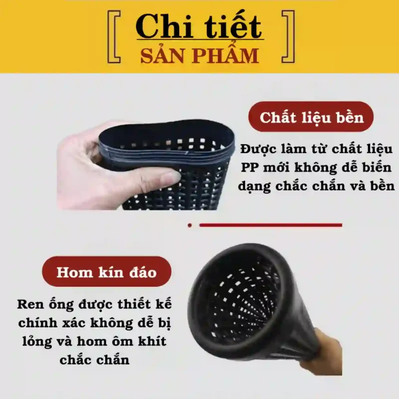 Chi tiết chất liệu lờ lươn làm từ nhựa PP mới bền chắc và thiết kế hom kín đáo, ren ống chính xác, ôm khít.