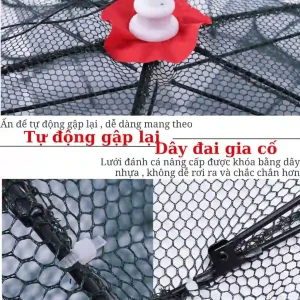 Các chi tiết kỹ thuật của lồng bẫy cá, bao gồm cơ chế tự động gập lại và các khớp nối được gia cố chắc chắn.