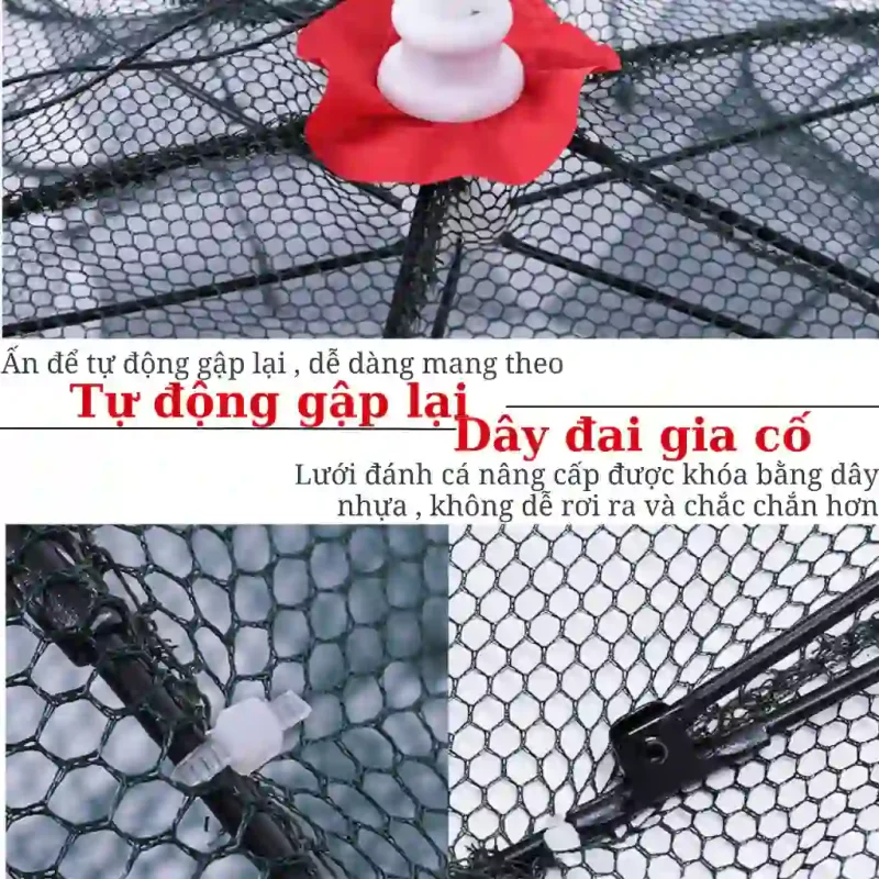 Các chi tiết kỹ thuật của lồng bẫy cá, bao gồm cơ chế tự động gập lại và các khớp nối được gia cố chắc chắn.