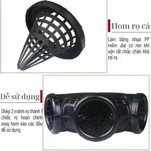 Chi tiết hom rọ cá bằng nhựa PP mềm dẻo có ren vặn và hướng dẫn lắp ráp 2 mảnh rọ thành 1 chiếc hoàn chỉnh.
