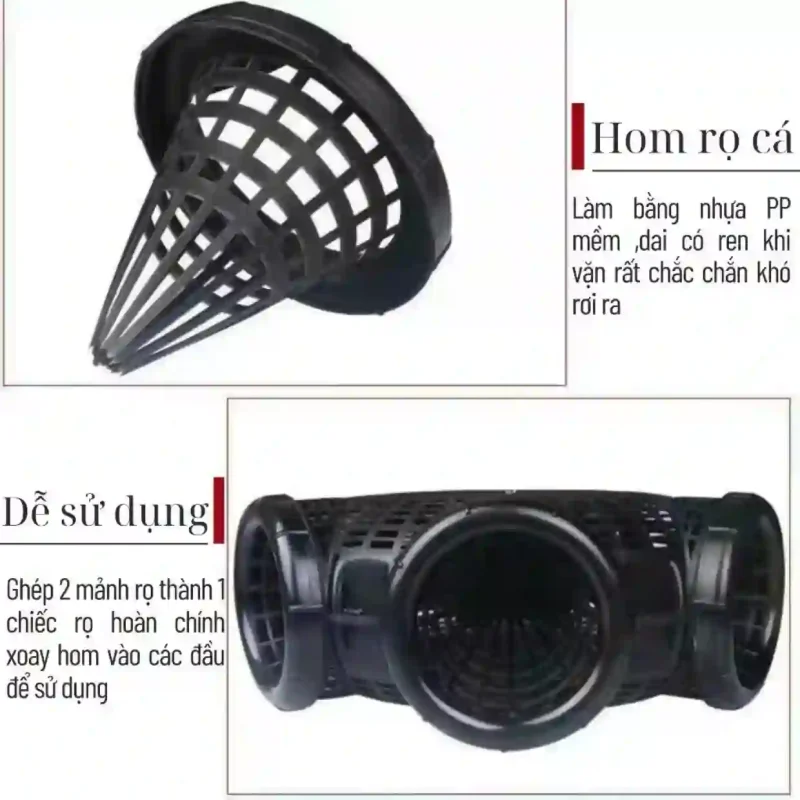 Chi tiết hom rọ cá bằng nhựa PP mềm dẻo có ren vặn và hướng dẫn lắp ráp 2 mảnh rọ thành 1 chiếc hoàn chỉnh.
