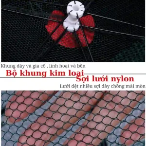 Chi tiết cấu tạo của lồng bẫy cá, bao gồm bộ khung kim loại chắc chắn và sợi lưới nylon dệt dày chống mài mòn.