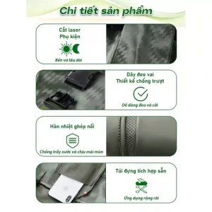 Các chi tiết tính năng của quần yếm lội nước: cắt laser, dây đeo vai chống trượt, hàn nhiệt ghép nối và túi đựng tích hợp.