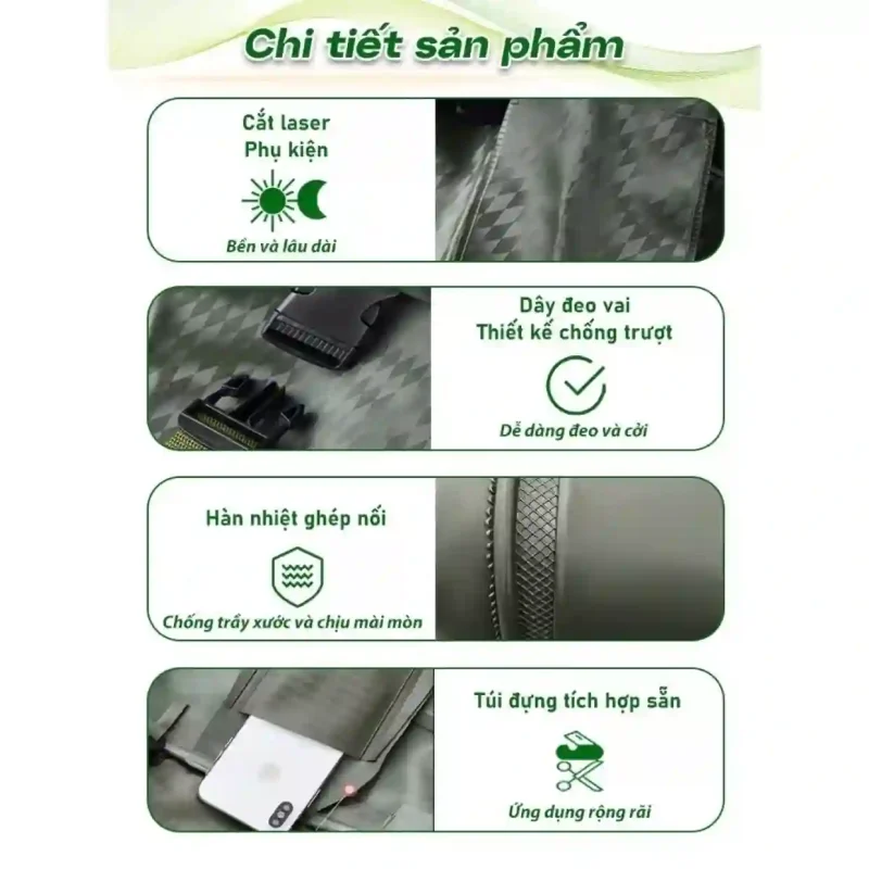 Các chi tiết tính năng của quần yếm lội nước: cắt laser, dây đeo vai chống trượt, hàn nhiệt ghép nối và túi đựng tích hợp.