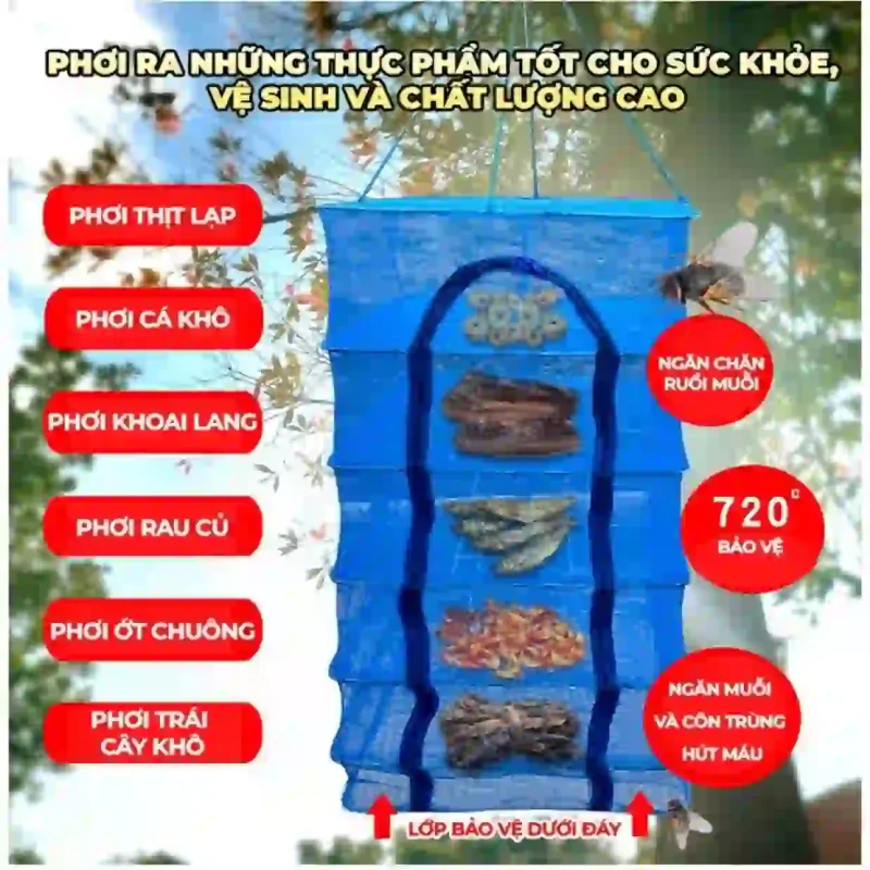 Công dụng của lồng lưới phơi thực phẩm, giúp phơi khô các loại thịt, cá, rau củ một cách vệ sinh và an toàn.