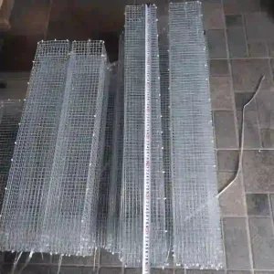 Thước dây kim loại được đặt dọc theo các lồng kẽm bắt lươn, cho thấy chiều dài thực tế của mỗi lồng là 1.5 mét (150cm).