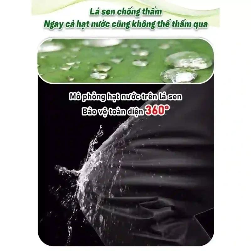 Hiệu ứng lá sen chống thấm trên bề mặt vải quần yếm lội nước, cho thấy nước không thể thấm qua.