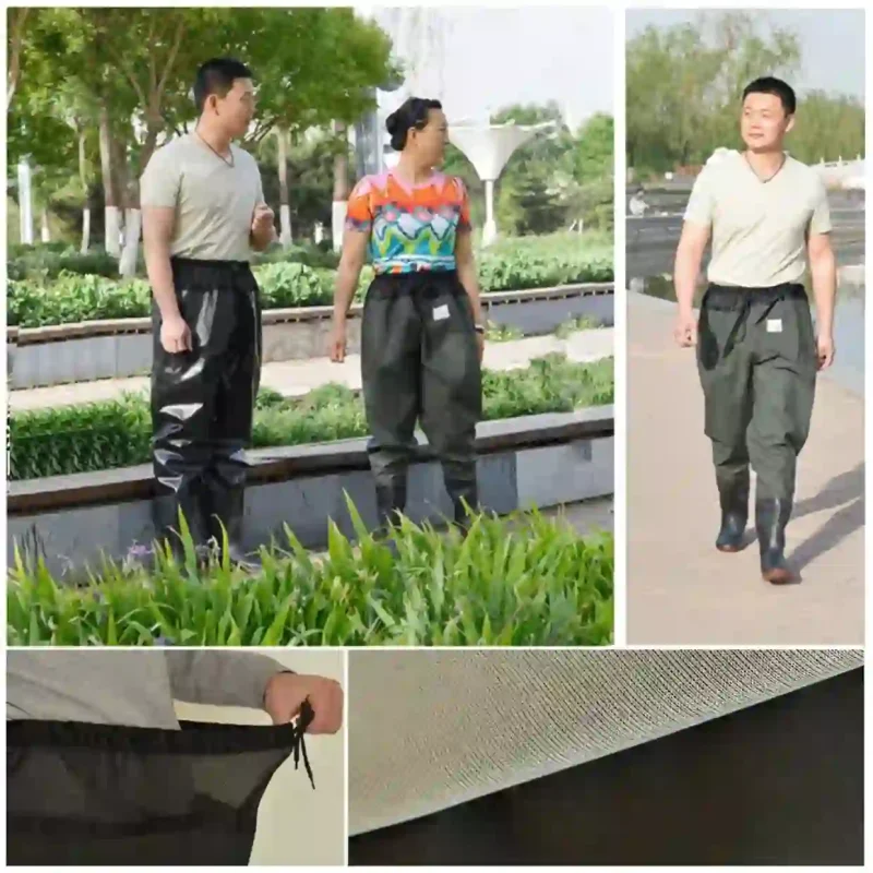 Hình ảnh tổng quan về quần lội nước liền ủng, bao gồm người mẫu mặc, chi tiết đai lưng và chất liệu vải.