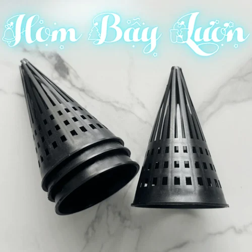 Các hom bẫy lươn, trạch màu đen bằng nhựa ABS, dạng phễu côn, dùng để tự chế bẫy.