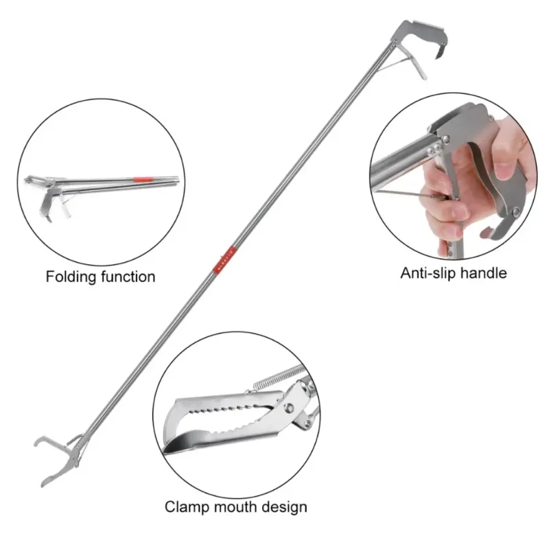 Tổng quan cây kẹp bắt rắn inox đa năng với các tính năng nổi bật: đầu kẹp răng cưa, tay cầm chống trượt và thân gậy có thể gấp gọn.
