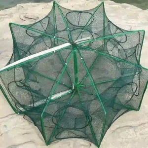 Lồng bát quái tự bung 8 cửa màu xanh, bung ra hoàn chỉnh trên phiến đá, dùng để bẫy cá, tôm, cua.