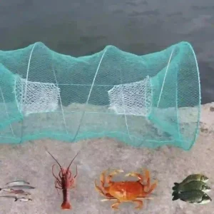 Lồng bẫy đa năng màu xanh, dùng để bẫy bắt nhiều loại thủy sản như cá, tôm hùm, và cua.