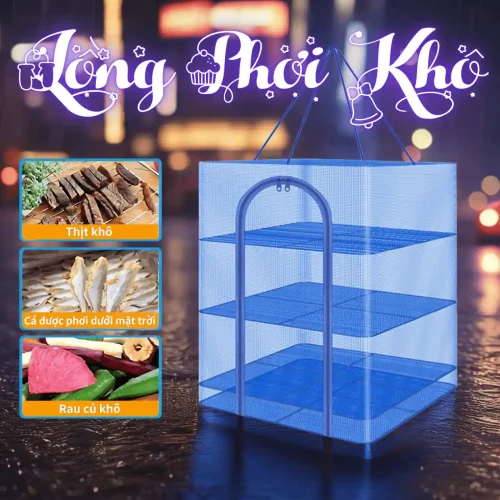 Lồng phơi khô 4 tầng màu xanh, dùng để phơi cá khô, thịt khô, rau củ, đảm bảo vệ sinh.