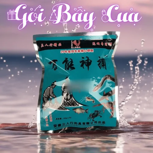 Gói mồi bẫy cua tôm cá dạng viên nén, bao bì màu bạc và xanh, chuyên dụng cho bẫy lồng, lờ, lợp.