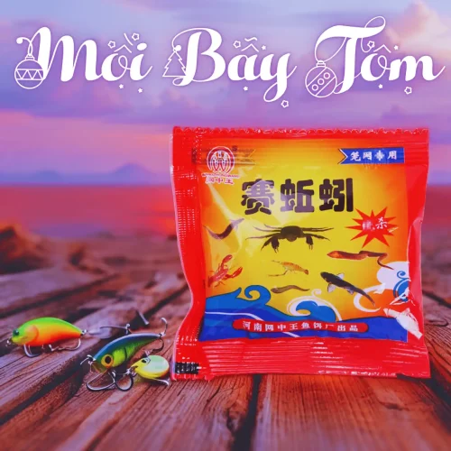 Gói mồi bẫy tôm , lươn chuyên dụng màu đỏ, dạng viên nén, đặt cạnh các con mồi câu lure.