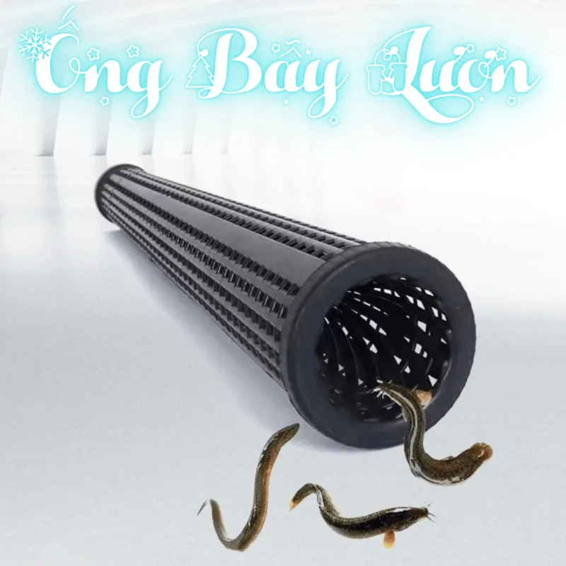 Ống trúm bẫy lươn, chạch màu đen bằng nhựa cao cấp, thiết kế một chiều chống thoát, có hình lươn, chạch ở miệng ống.