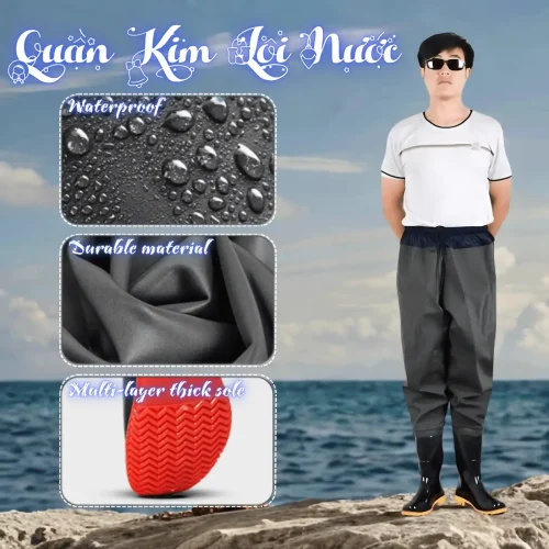 Quần ủng lội nước chống thấm toàn thân màu xám, đế gai cao su chống trượt, chất liệu PVC bền bỉ