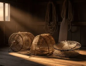 Ảnh tĩnh vật nghệ thuật trong một nhà thuyền cũ, sắp đặt ba loại ngư cụ rọ bẫy lươn, lờ bát quái và lưới rê mắt nhỏ dưới ánh nắng ban mai chiếu qua khe cửa sổ.