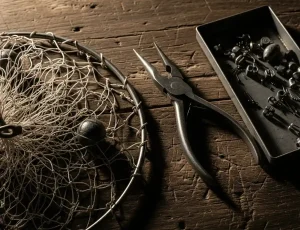 Ảnh tĩnh vật về kỹ thuật tăng chì cho chài: một chiếc chài, kìm bấm và hộp đựng chì kẹp được sắp xếp trên mặt bàn gỗ mộc mạc dưới ánh sáng tự nhiên.