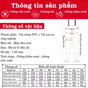Bảng thông số kỹ thuật chi tiết của quần yếm lội nước, bao gồm chất liệu, size, và biểu đồ kích thước.