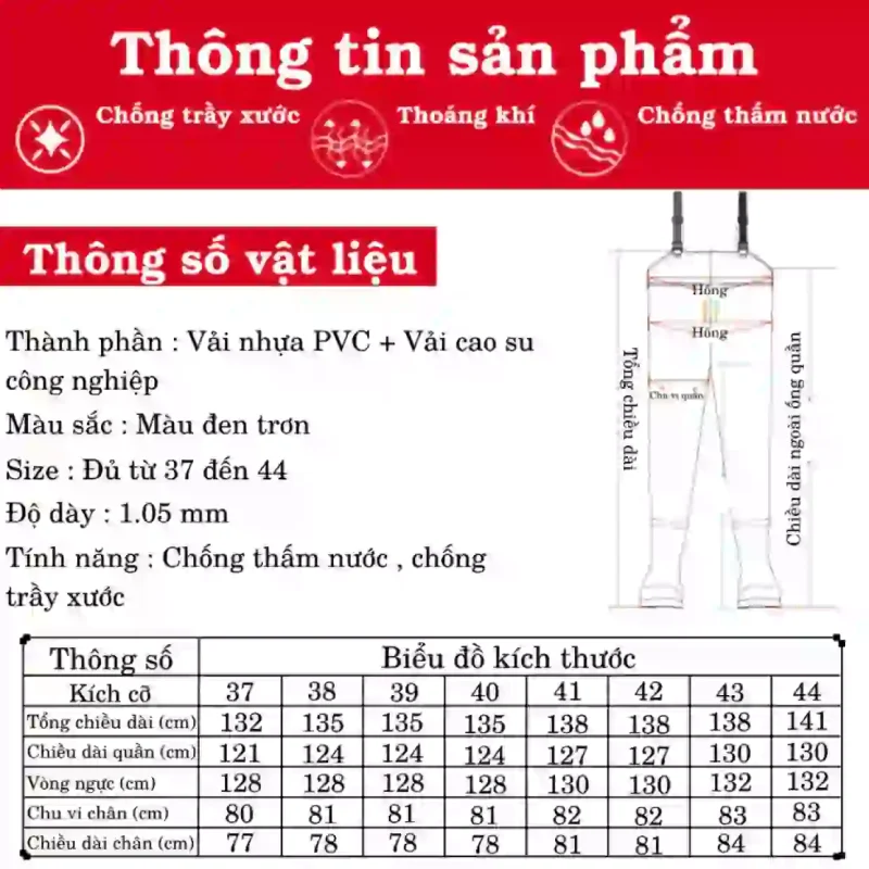 Bảng thông số kỹ thuật chi tiết của quần yếm lội nước, bao gồm chất liệu, size, và biểu đồ kích thước.