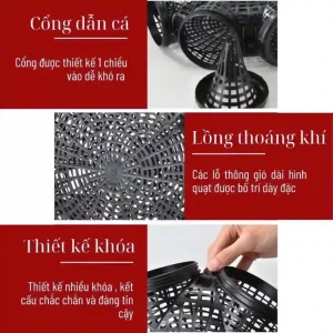 Các tính năng thiết kế ưu việt của lồng bẫy cá: cổng dẫn cá một chiều, lồng thoáng khí và khóa kết nối chắc chắn.