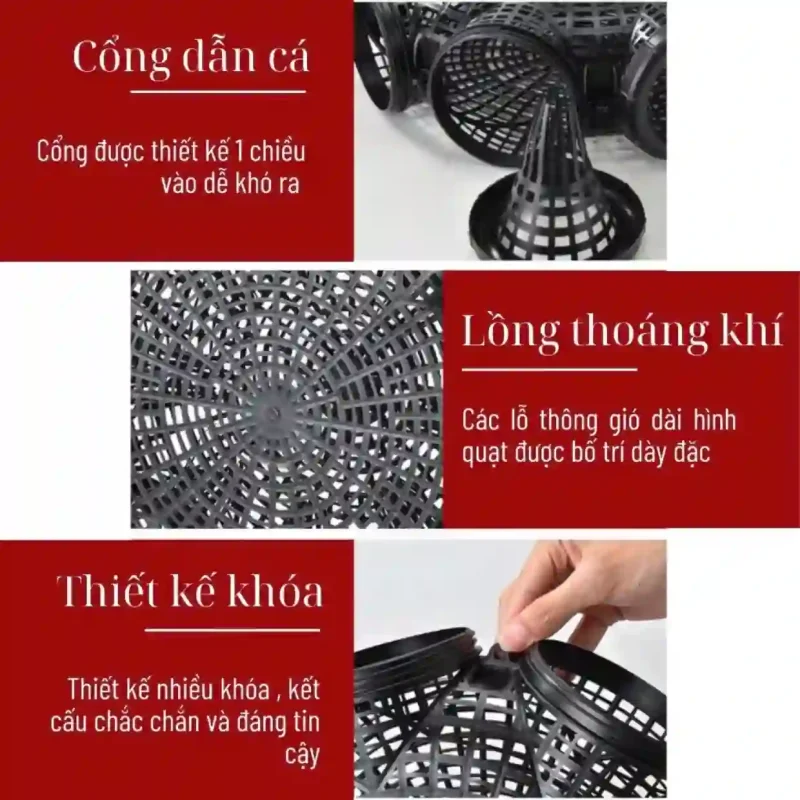 Các tính năng thiết kế ưu việt của lồng bẫy cá: cổng dẫn cá một chiều, lồng thoáng khí và khóa kết nối chắc chắn.