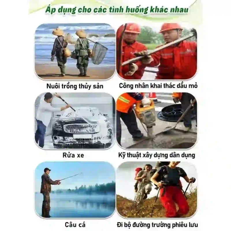 Các ứng dụng đa năng của quần yếm lội nước trong nhiều lĩnh vực như nuôi trồng thủy sản, xây dựng, rửa xe, và câu cá.