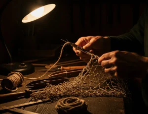 Ảnh cận cảnh đôi bàn tay khéo léo đang vá lưới đánh cá dưới ánh đèn vàng ấm áp trong một xưởng sửa chữa mộc mạc, thể hiện sự tỉ mỉ và kỹ năng thủ công.