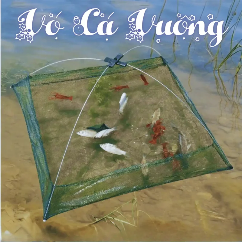 Vó cá vuông chuyên dụng, khung thép cacbon chắc chắn, lưới dù bền bỉ, dùng để bắt cá tôm hiệu suất cao