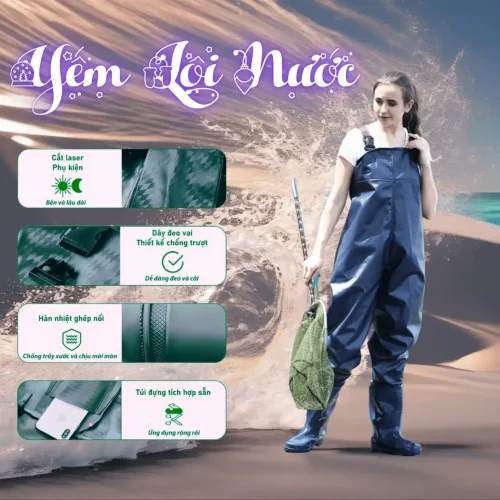 Yếm ủng lội nước PVC cao cấp màu xanh rêu dùng trong bảo hộ lao động nông nghiệp và thủy sản