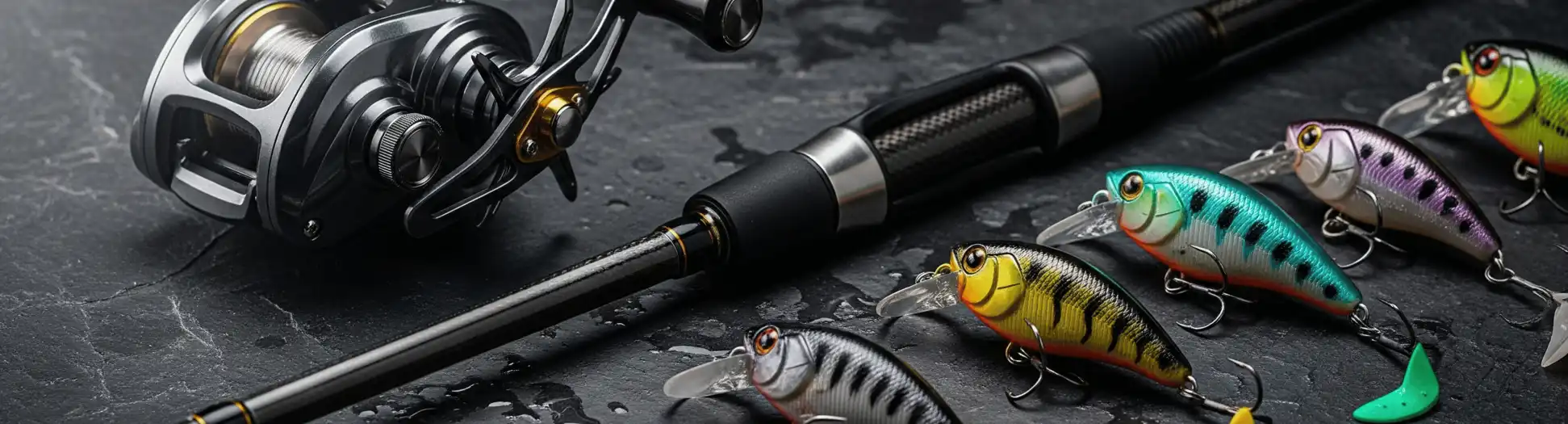 Banner trang Cửa Hàng của A Quang Fishing với hình ảnh cận cảnh một chiếc cần câu cao cấp, máy câu hiện đại và bộ sưu tập mồi câu giả sắc sảo trên nền đá tối màu.