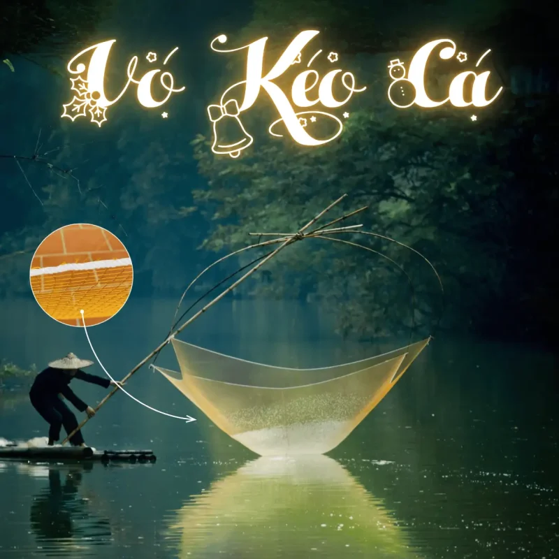 Hình ảnh một ngư dân đang sử dụng vó kéo cá trên sông, thể hiện hiệu quả đánh bắt chuyên nghiệp.