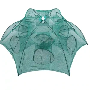 Lồng ô bẫy cá tự bung loại 12 cửa, màu xanh, thiết kế nhiều tầng để tăng hiệu quả bẫy.