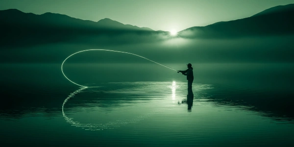 Một ngư dân đang biểu diễn kỹ thuật câu fly điêu luyện, dây câu phát sáng tạo thành một vòng cung đẹp mắt trên mặt hồ vào lúc bình minh.