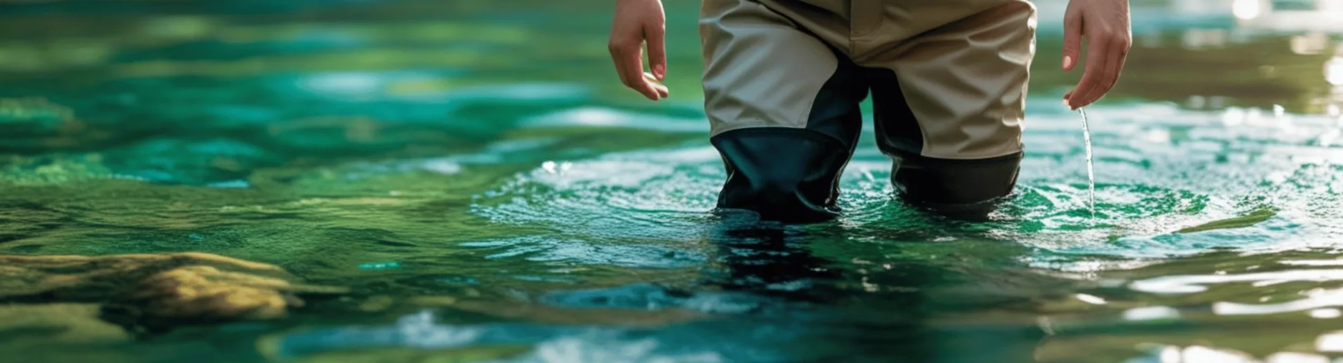 Một người đang mặc quần lội nước và đứng trong dòng suối trong xanh để câu cá.