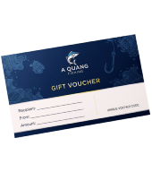 Phiếu quà tặng (Gift Voucher) màu xanh đậm của A Quang Fishing với logo thương hiệu và dòng chữ "GIFT VOUCHER" màu vàng nổi bật.