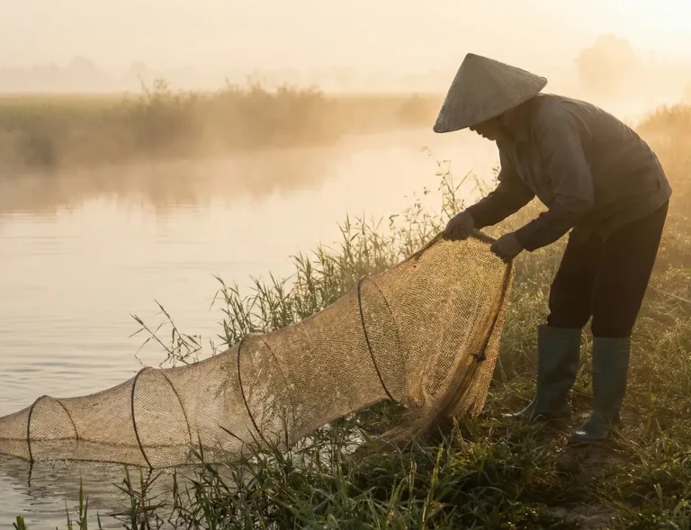 Một người đội nón lá đang đứng bên bờ sông cạnh ruộng lúa, dùng tay kéo chiếc lưới bát quái dài lên khỏi mặt nước trong khung cảnh buổi sáng sớm sương mù và ánh nắng vàng