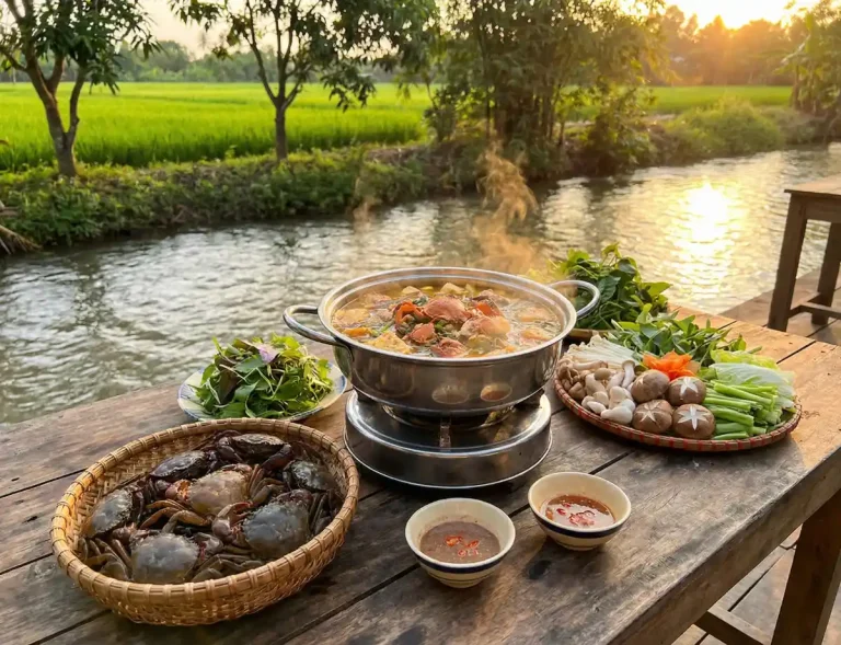 Bữa ăn lẩu cua đồng miền Tây hấp dẫn với nồi lẩu đang sôi, rổ cua đồng tươi sống, đĩa rau sống, nấm và các loại rau ăn kèm trên bàn gỗ bên bờ kênh, bối cảnh ruộng lúa xanh mát dưới ánh hoàng hôn.