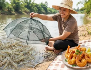 Một người đàn ông đội mũ rơm đang cười tươi, nâng một chiếc lồng ô bát quái lên khỏi mặt nước với rất nhiều tôm và cá nhỏ nhảy tung tóe. Bên bờ là một chảo tôm đang nấu, đĩa tôm chiên giòn và chai bia.