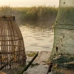 Một chiếc nơm tre truyền thống và một chiếc lồng lưới hiện đại (lờ dây) đặt cạnh nhau trên một bến gỗ cũ kỹ ven sông, dưới ánh sáng vàng của bình minh hoặc hoàng hôn