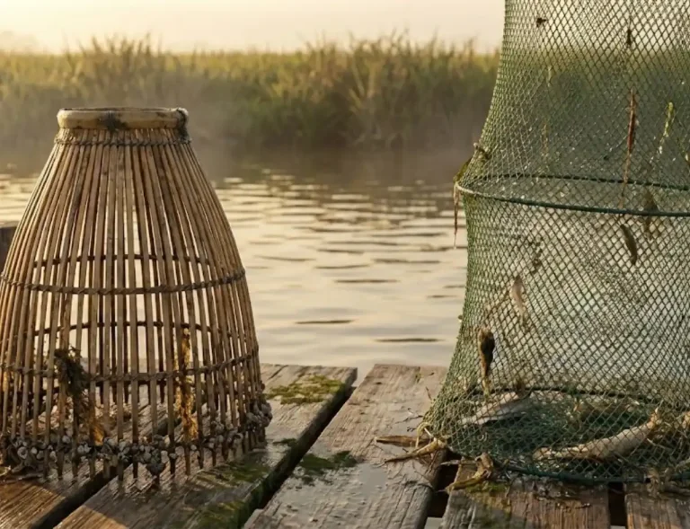 Một chiếc nơm tre truyền thống và một chiếc lồng lưới hiện đại (lờ dây) đặt cạnh nhau trên một bến gỗ cũ kỹ ven sông, dưới ánh sáng vàng của bình minh hoặc hoàng hôn